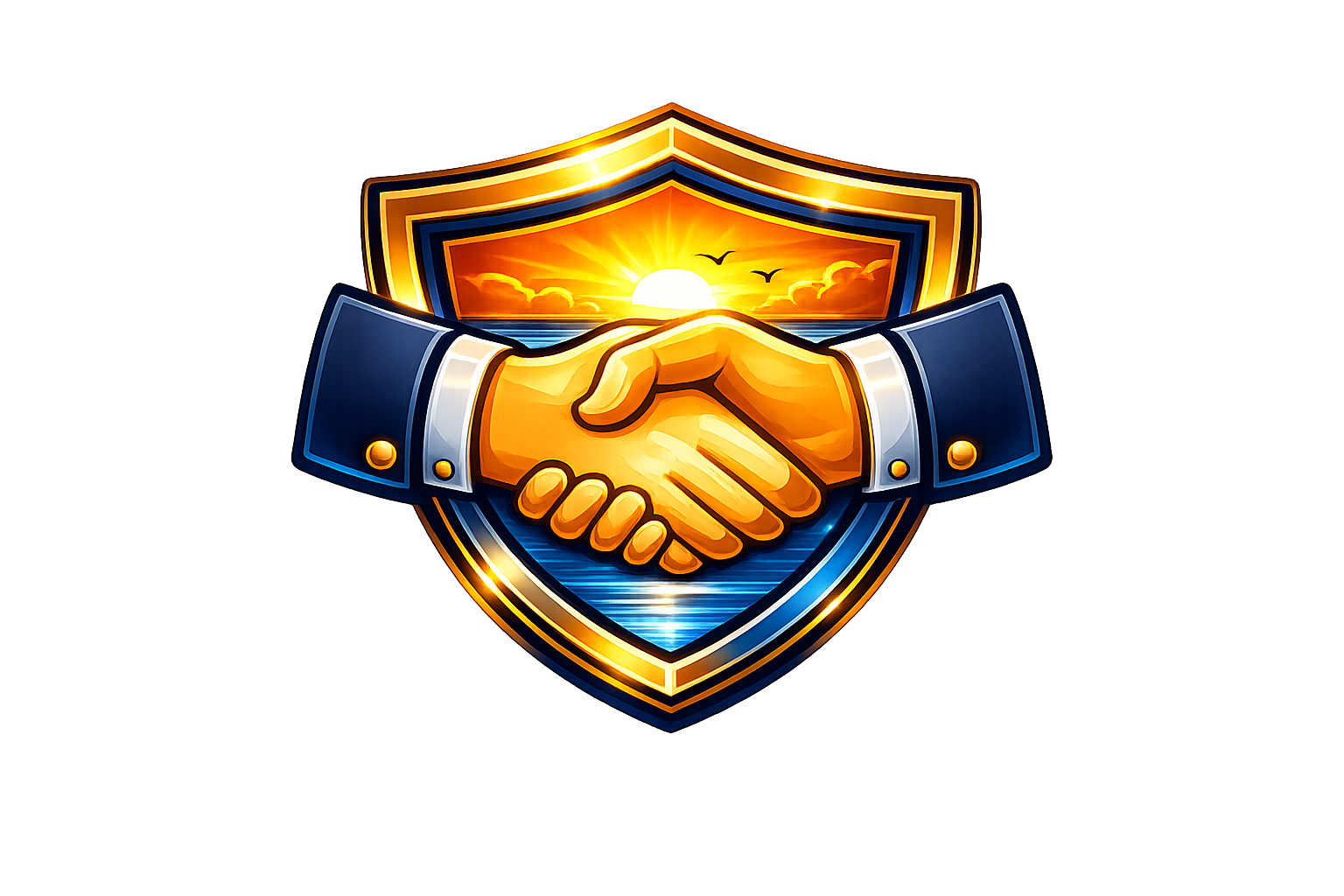 A digital illustration of a handshake in front of a shield with a sunset and birds in the background, symbolizing trust and protection.