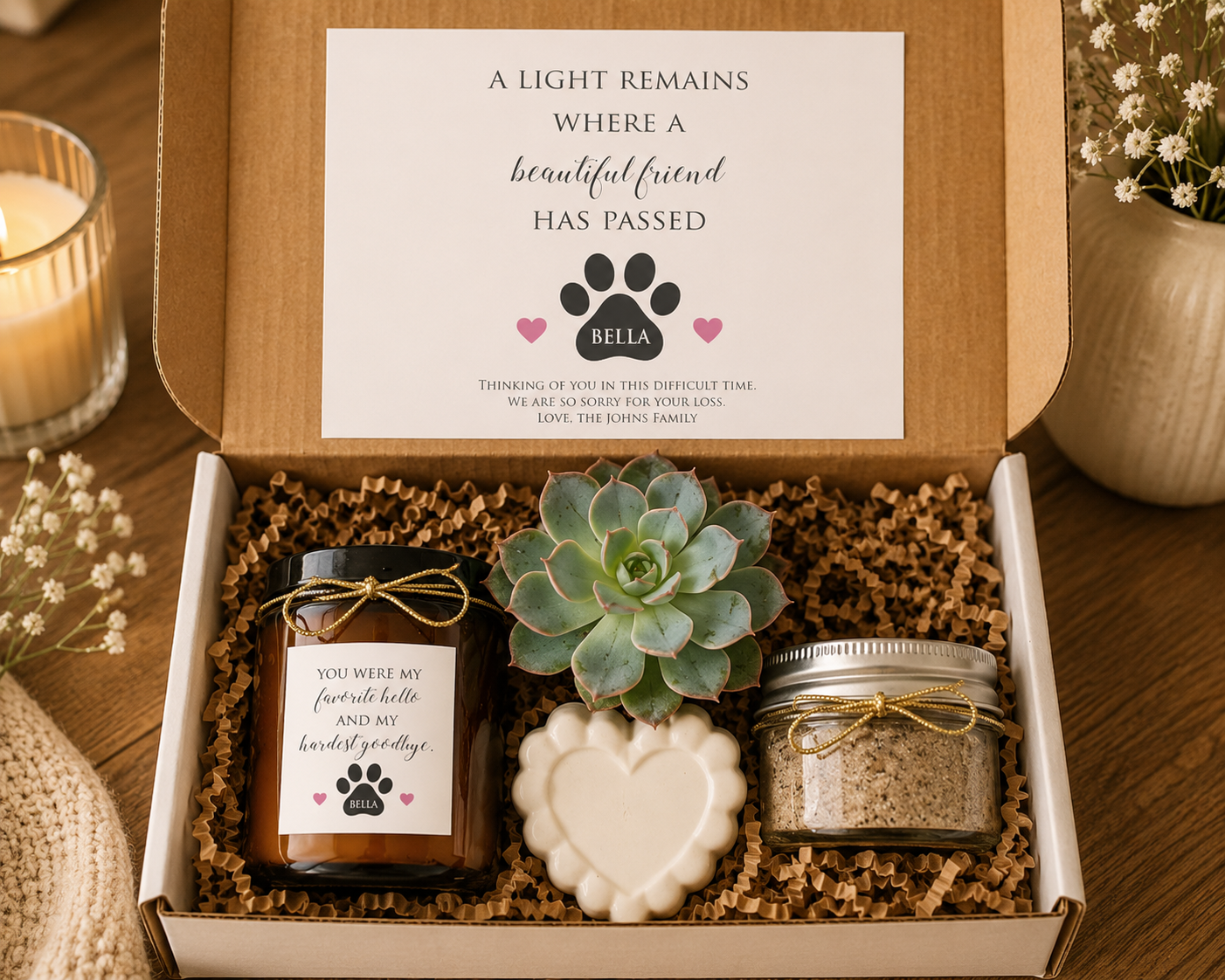 Pet Loss Sympathy Gift Box – Personalized Memorial Candle & Succulent