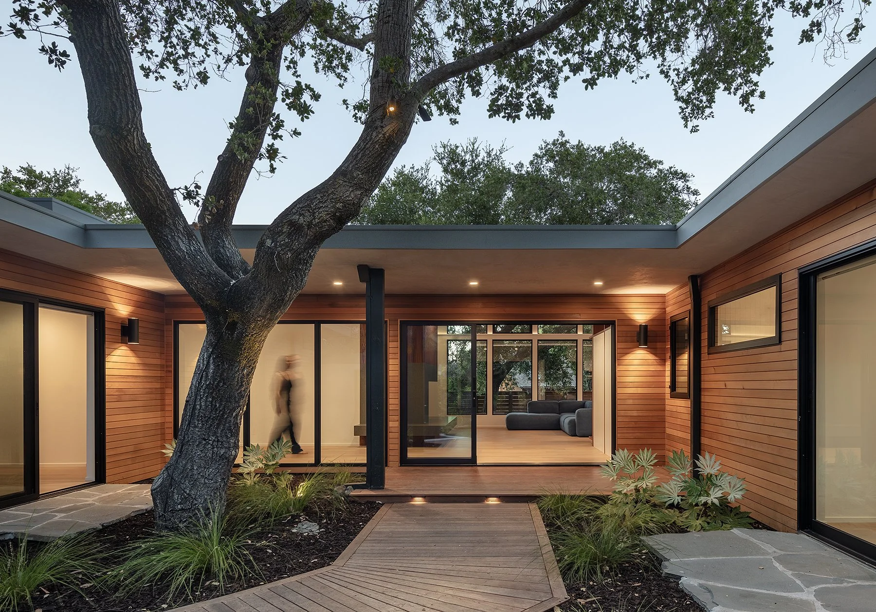 Modern house with wood siding, large glass doors, and a tree in the courtyard. Interior with seating area visible through the glass, and a person walking past.