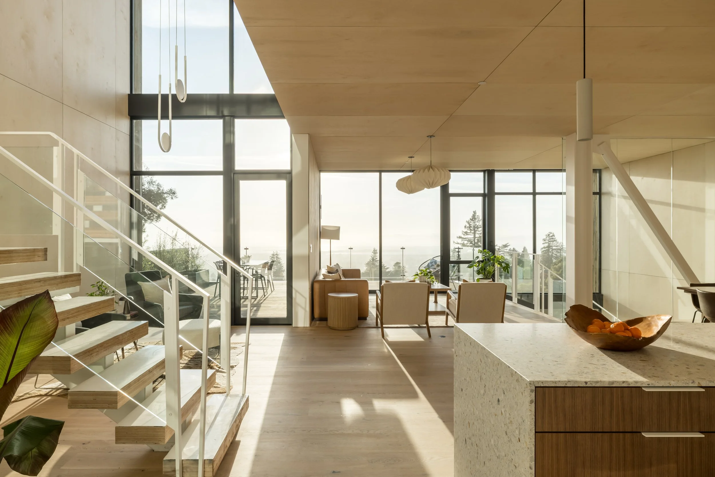 Interior kitchen - Open-plan - Living room -Floating Staircase - New Construction - Fold House - Berkeley Hills CA - CB Architecture + Design