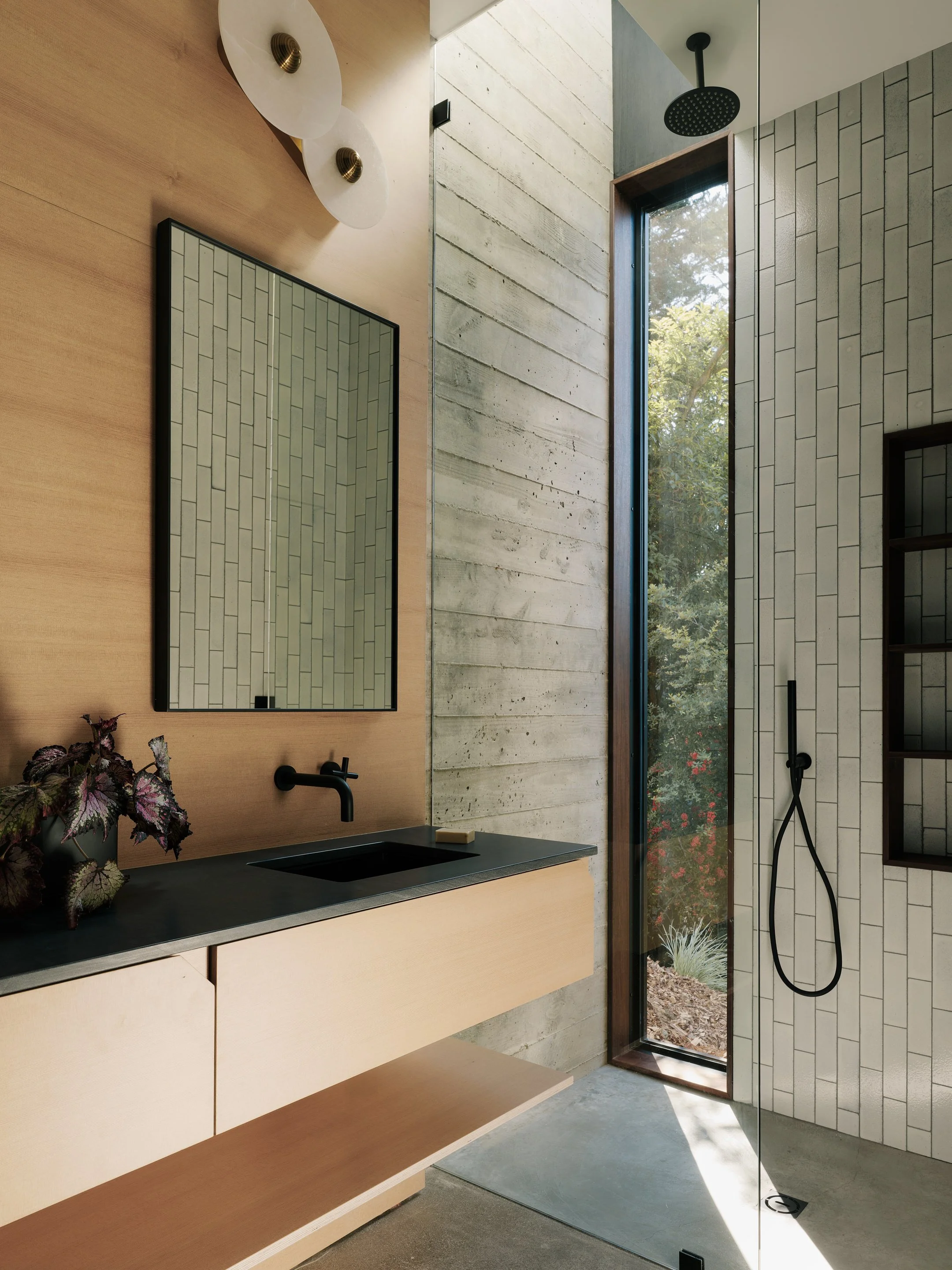 Modern bathroom with a wooden vanity, black countertop, rectangular mirror, plant, and a walk-in shower with a rain shower head and a handheld shower head, separated by a glass partition with tiled walls and a window showing outdoor greenery.