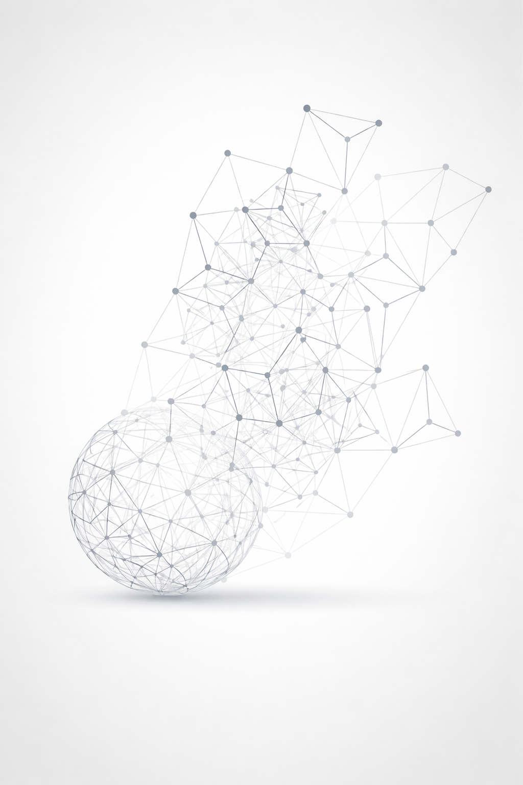 Digital abstract illustration of interconnected nodes and lines forming a spherical shape on a white background.