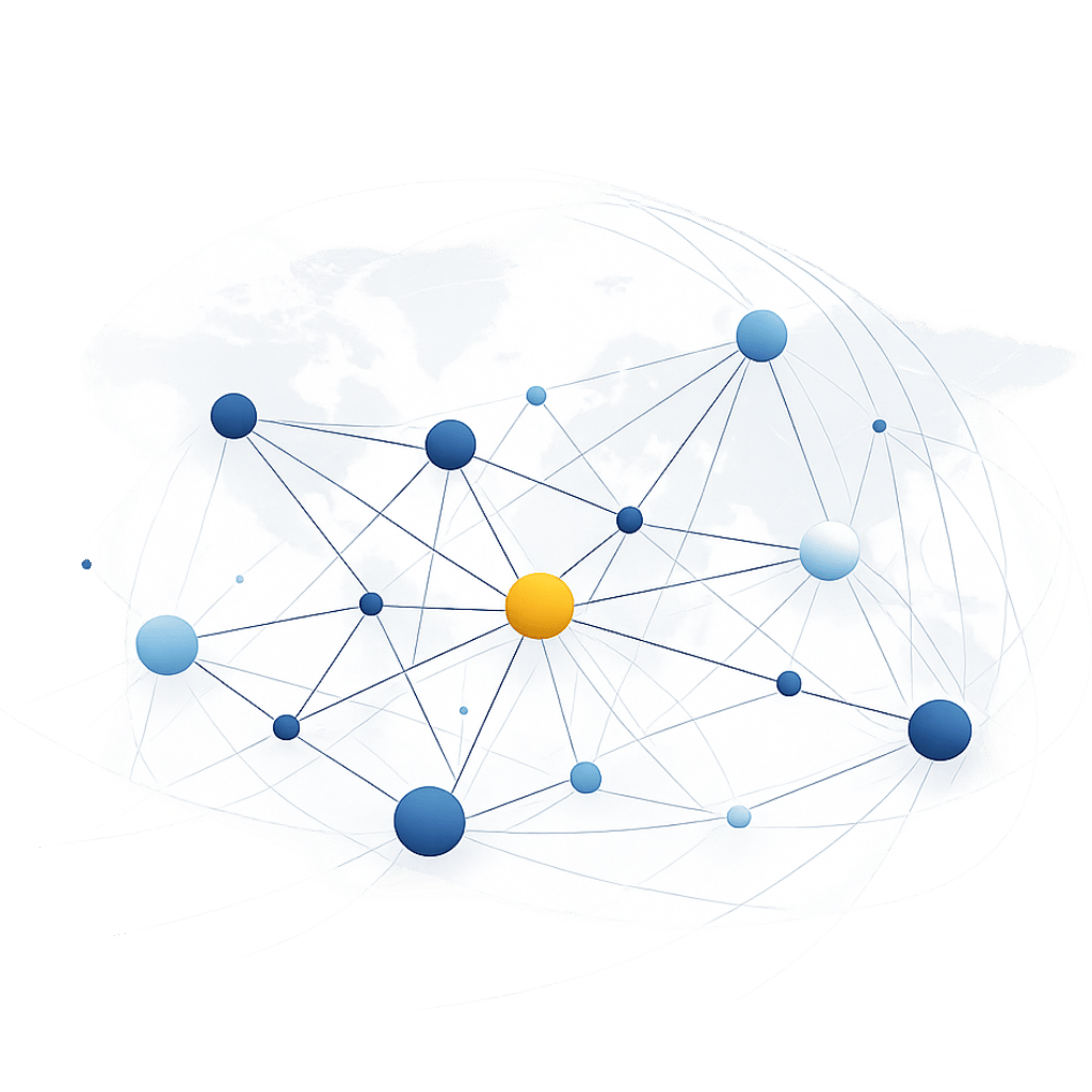 A digital illustration of a global network with interconnected nodes on a world map background.