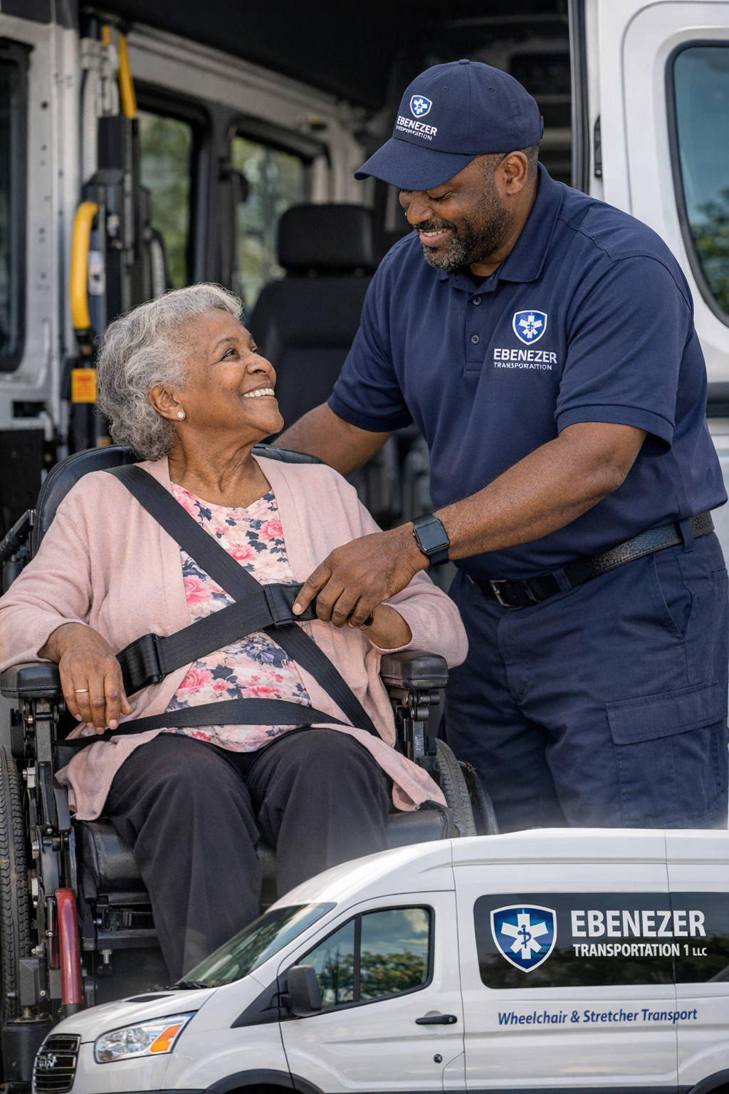 An African American woman in a wheelchair being assisted by a male transportation worker outside an ambulance. The woman is smiling and wearing a pink cardigan with floral shirt, while the worker wears a navy uniform and cap with 'Ebenezer Transportation' logo.