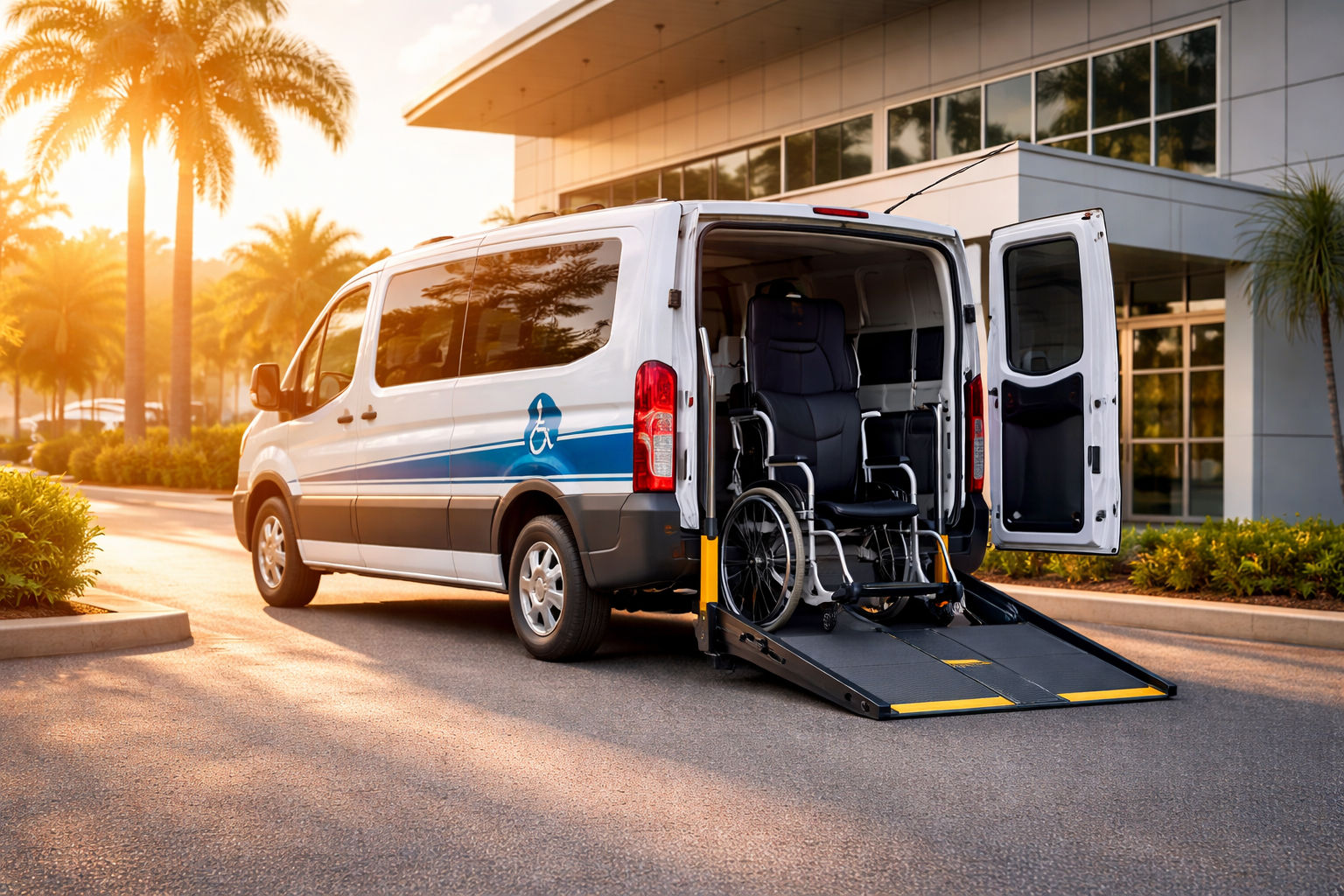 A wheelchair accessible van with its rear door open and a wheelchair inside, parked outside a modern building with glass windows and palm trees in the background during sunset.