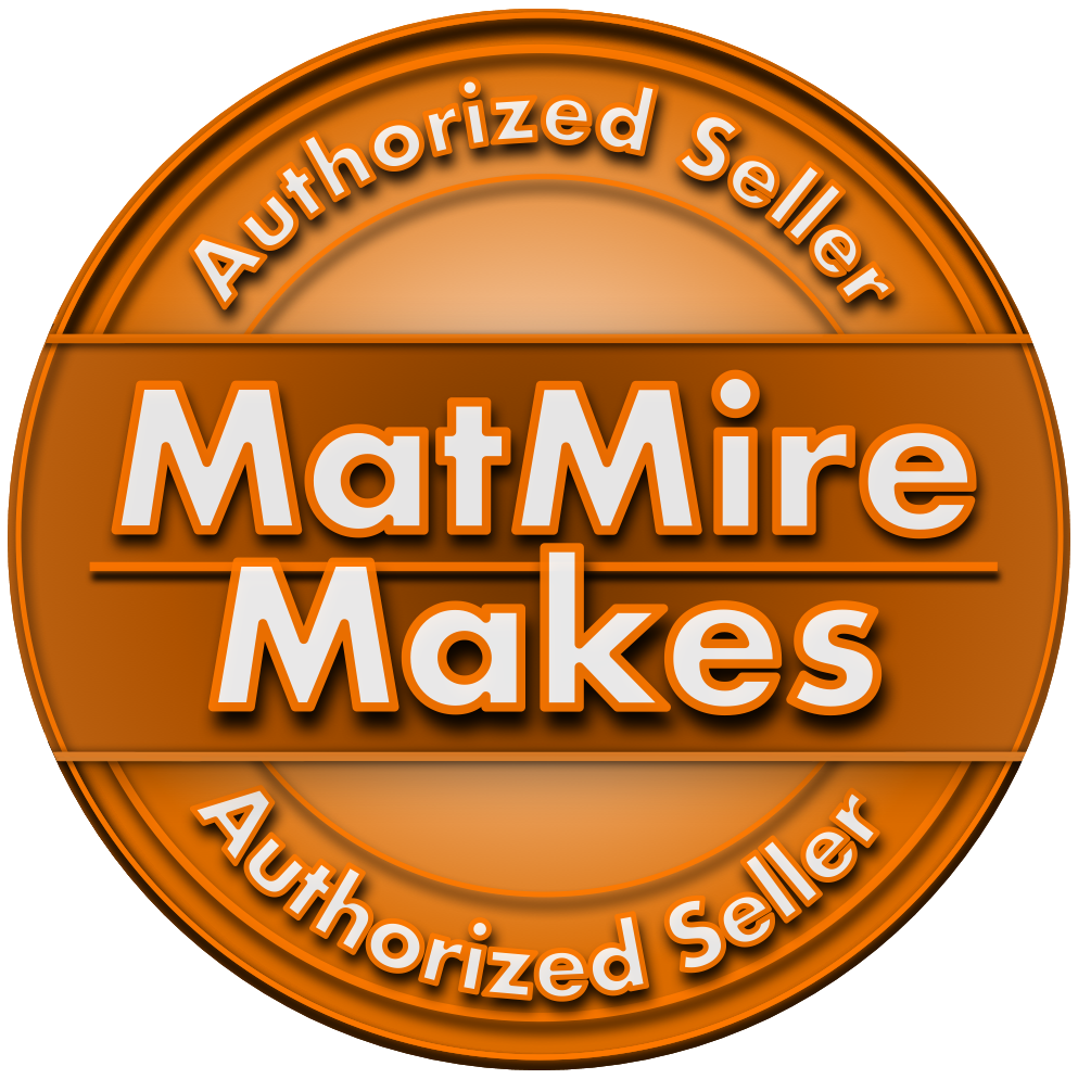 A circular badge with a brown and orange color scheme that reads "MatMire Makes" in the center. The top and bottom of the badge say "Authorized Seller" in curved text.