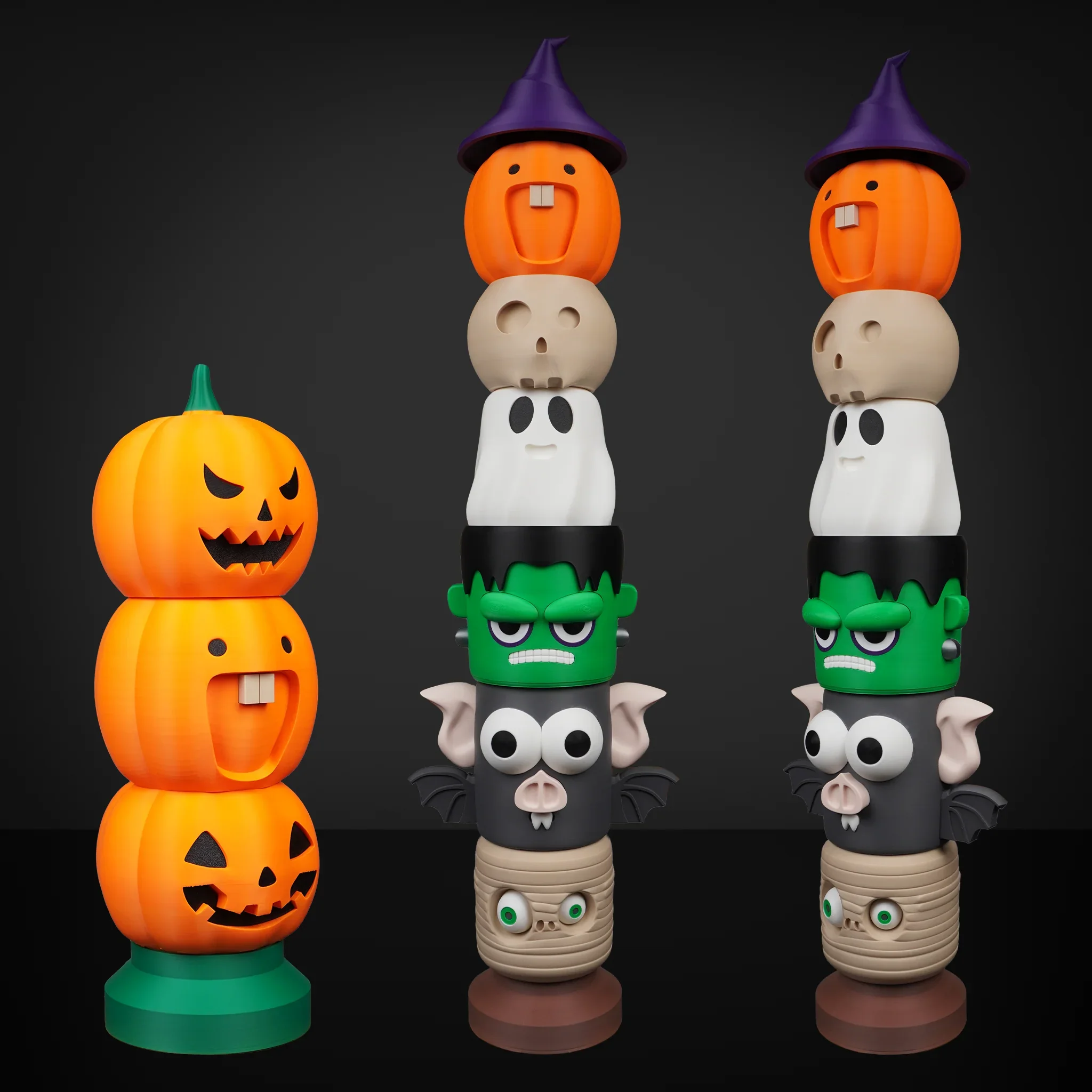Set of Halloween-themed toy figures including pumpkin with carved face, skeletons, Frankenstein with green face, and mummies, all with witch hats or similar accessories, set against black background.