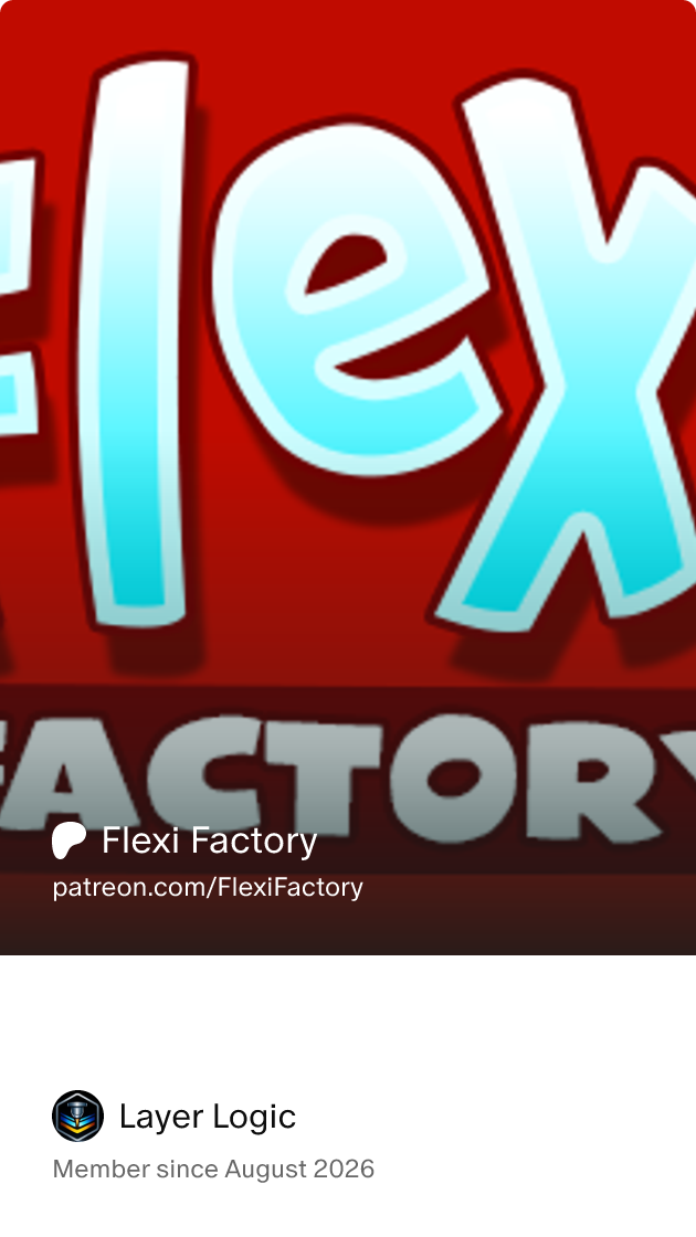 Close-up of a logo with the words "Flexi Factory" on a red background.