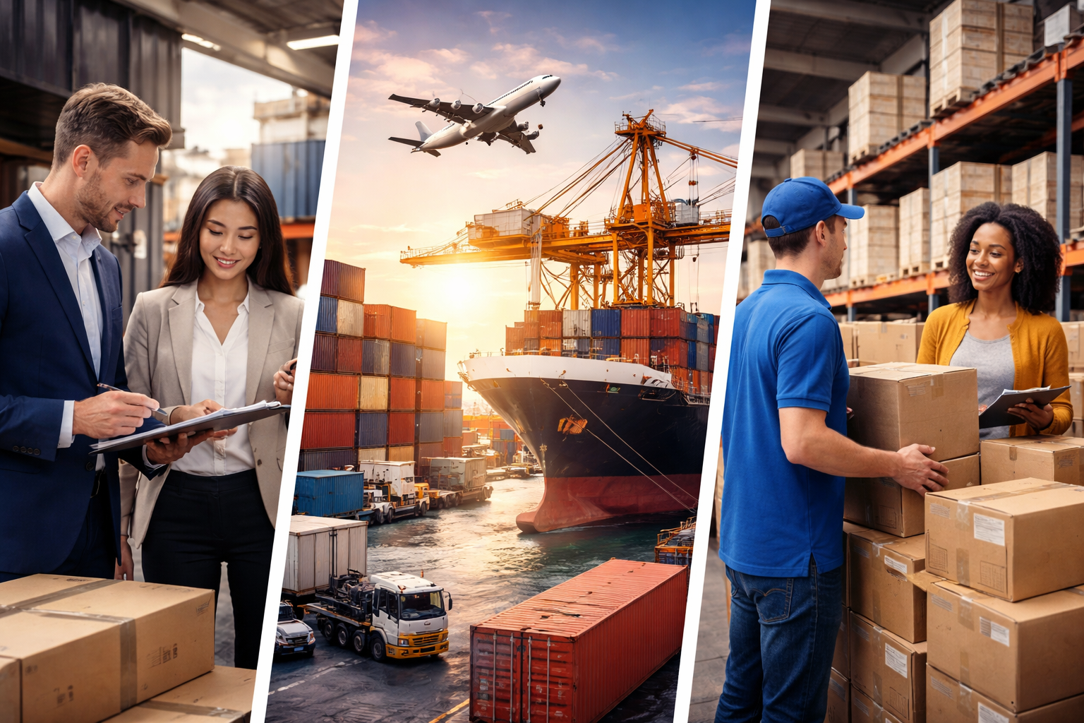 Collage of scenes depicting international trade and logistics: two businesspeople reviewing documents in a warehouse, a cargo ship at port during sunset, and a worker handing a package to a woman with boxes in a warehouse.
