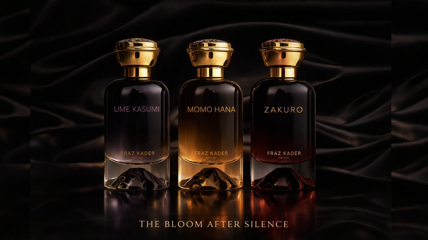 Three bottles of perfume from Fraz Kader, labeled Ume Kasumi, Momo Hana, and Zakuro, displayed on a black satin fabric background with the phrase 'The Bloom After Silence' beneath them.