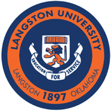 Langston University emblem featuring a lion, a shield, and the campus motto, with the text 'Langston University', 'for service', 'Langston 1897', and 'Oklahoma'.