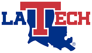 LA Tech logo with blue and red lettering and a silhouette of Louisiana in blue.