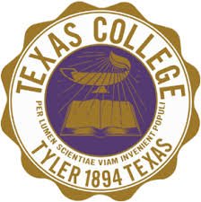 Seal of Texas College featuring an open book and a lamp, with text 'Texas College Tyler 1894 Texas'