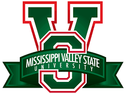 Mississippi Valley State University logo featuring a large green and white 'W' with red outlines, with the words 'Mississippi Valley State University' on a banner across the middle.