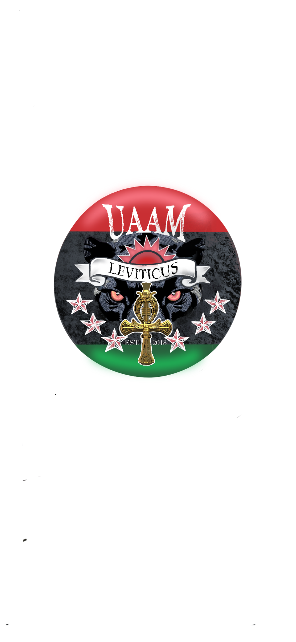 A circular emblem with an Iraqi flag background (red, white, green). In the center, a black panther's face with red eyes, a gold anchor, and a white banner with the Latin phrase "Leviticus." Above the panther, the word "UAAM" appears in white, and below, the phrase "Est. 2018" is written.