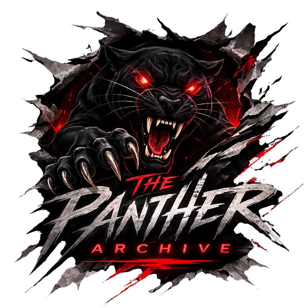 Digital artwork of a black panther with red glowing eyes and sharp claws breaking through a dark background with the title 'The Panther Archive' in bold, stylized letters.