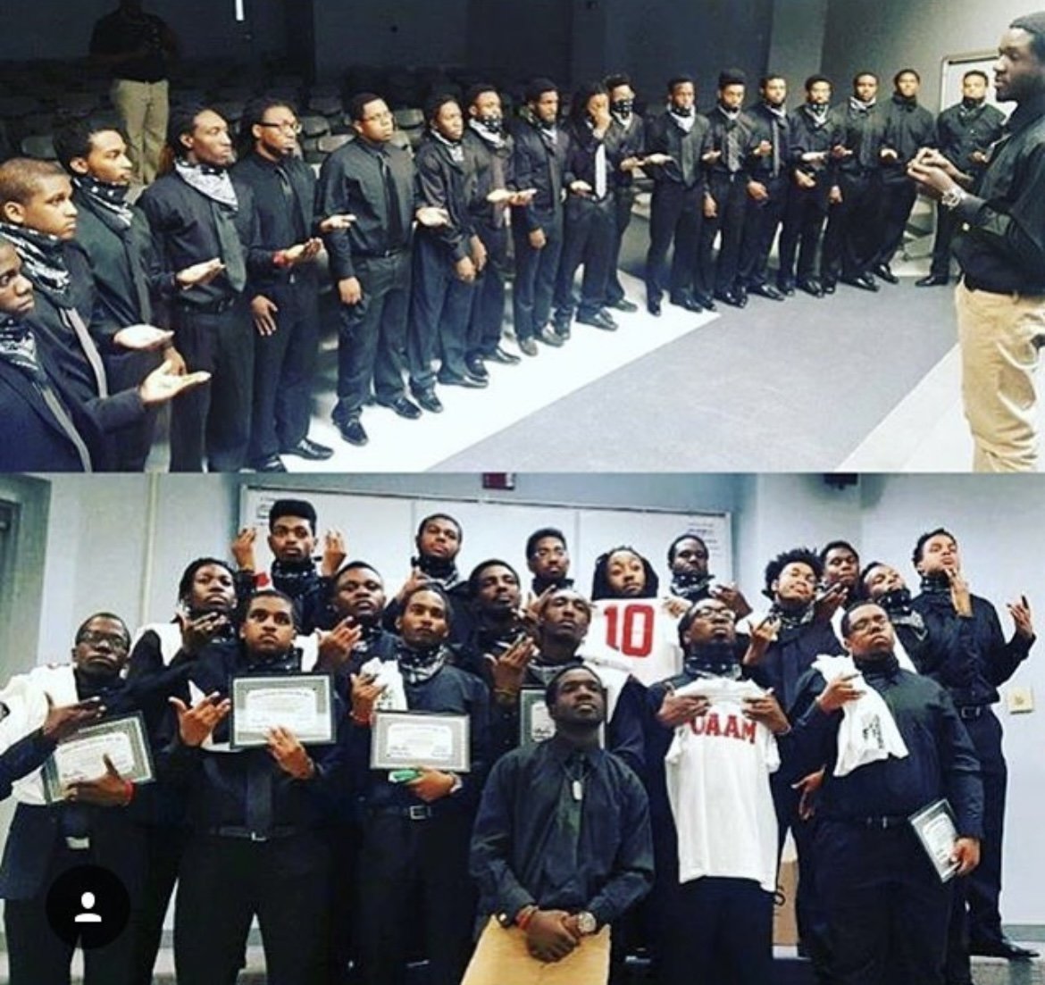 Two groups of young men, dressed in black with bandanas around their necks, standing in formation inside a classroom or training room, participating in a ceremony or training session.