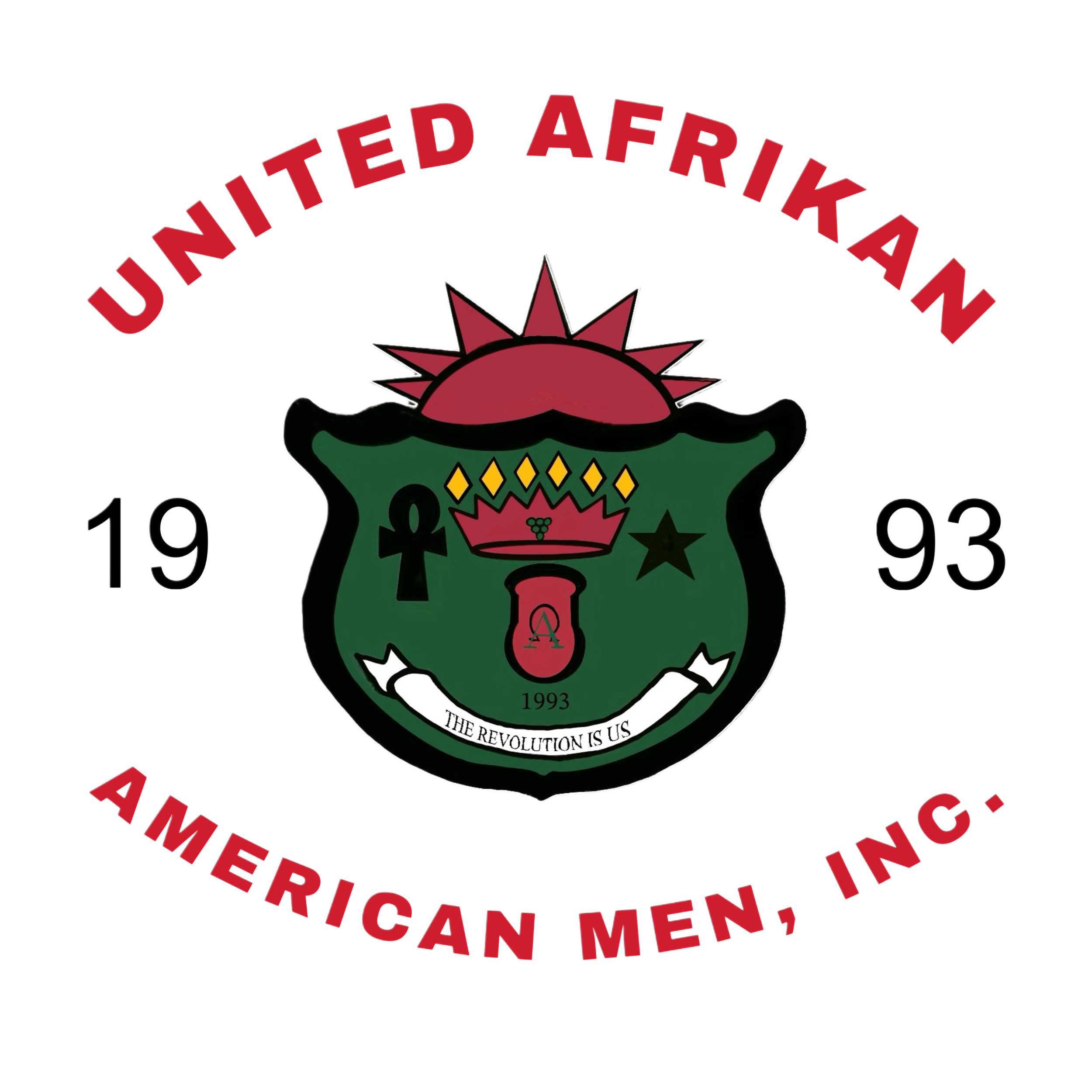 Black emblem with a green shield in the center, featuring a red sun above it, and symbols including an ankh, a star, a crown, and a torch. Red text arching above and below reads 'UNITED AFRIKAN AMERICAN MEN, INC.' and 'THE REVOLUTION IS US,' with the year 1993 at the bottom.