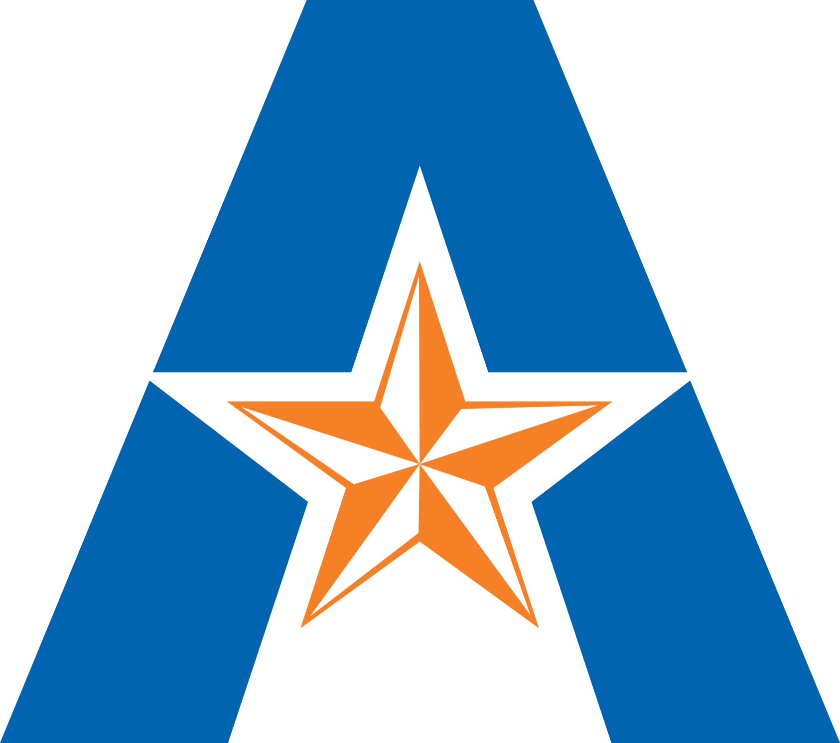 Graphic design with a large blue letter A and a star in the lower part of the letter, colored in orange and white with a black outline.