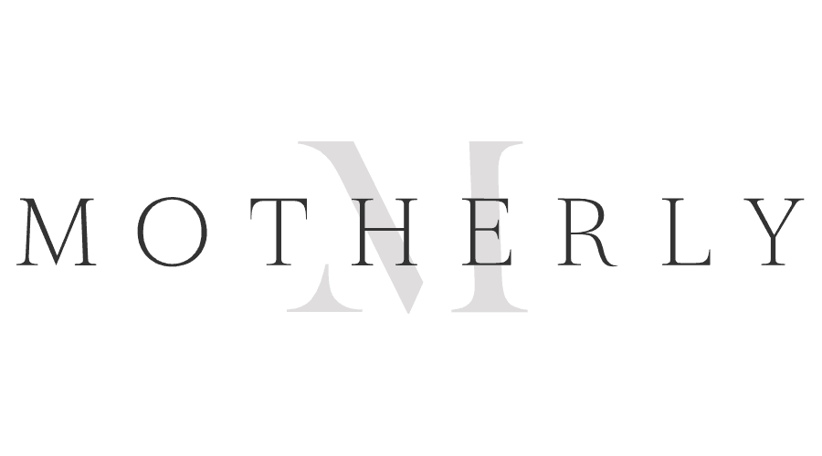 The word 'Motherly' with a large, faint letter 'V' in the background.