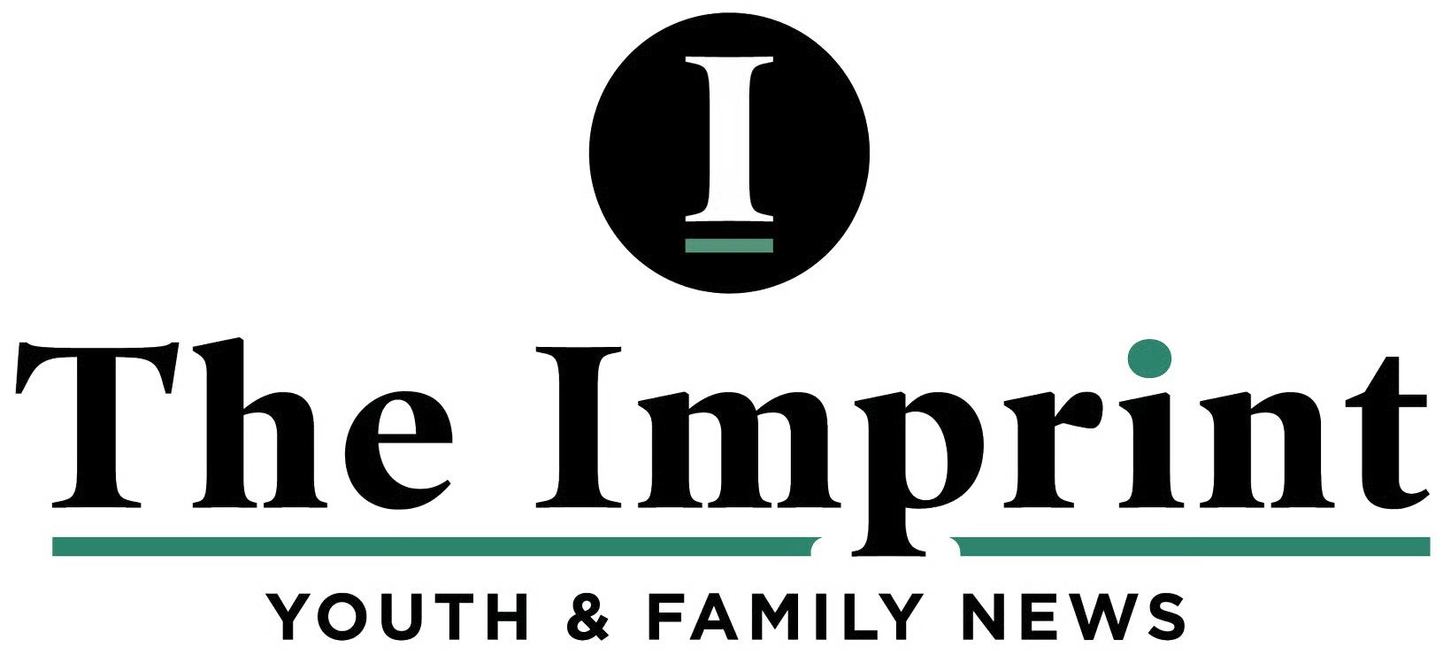 Logo for 'The Imprint: Youth & Family News' featuring a large black circle with white 'I' at the top, green underline, and the publication's name with an underline, set on a gray background.