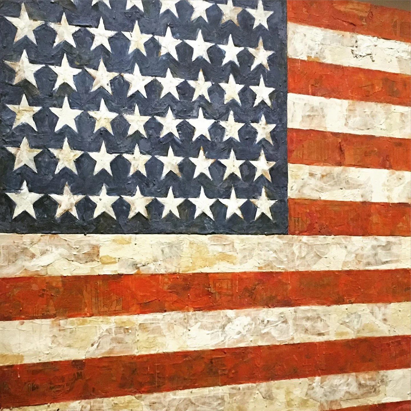 Jasper Johns
Flag
1954-55 (dated on reverse 1954)
107.3 x 153.8 cm
Encaustic, oil, and collage on fabric mounted on plywood, three panels