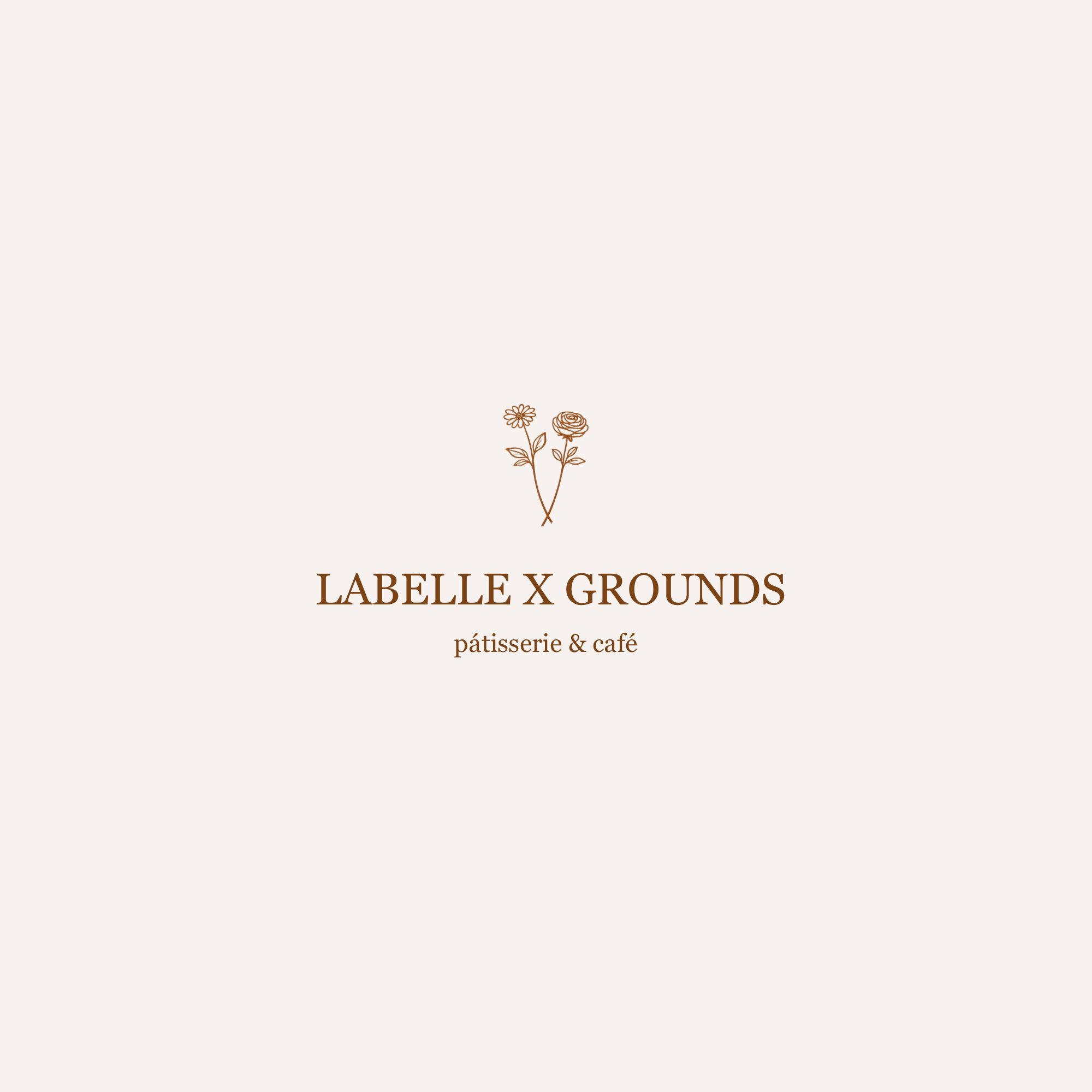 A logo for Labelle x Grounds featuring two illustrated flowers above the text 'LABELLE X GROUNDS' with 'pâtisserie & café' underneath, on a light beige background.