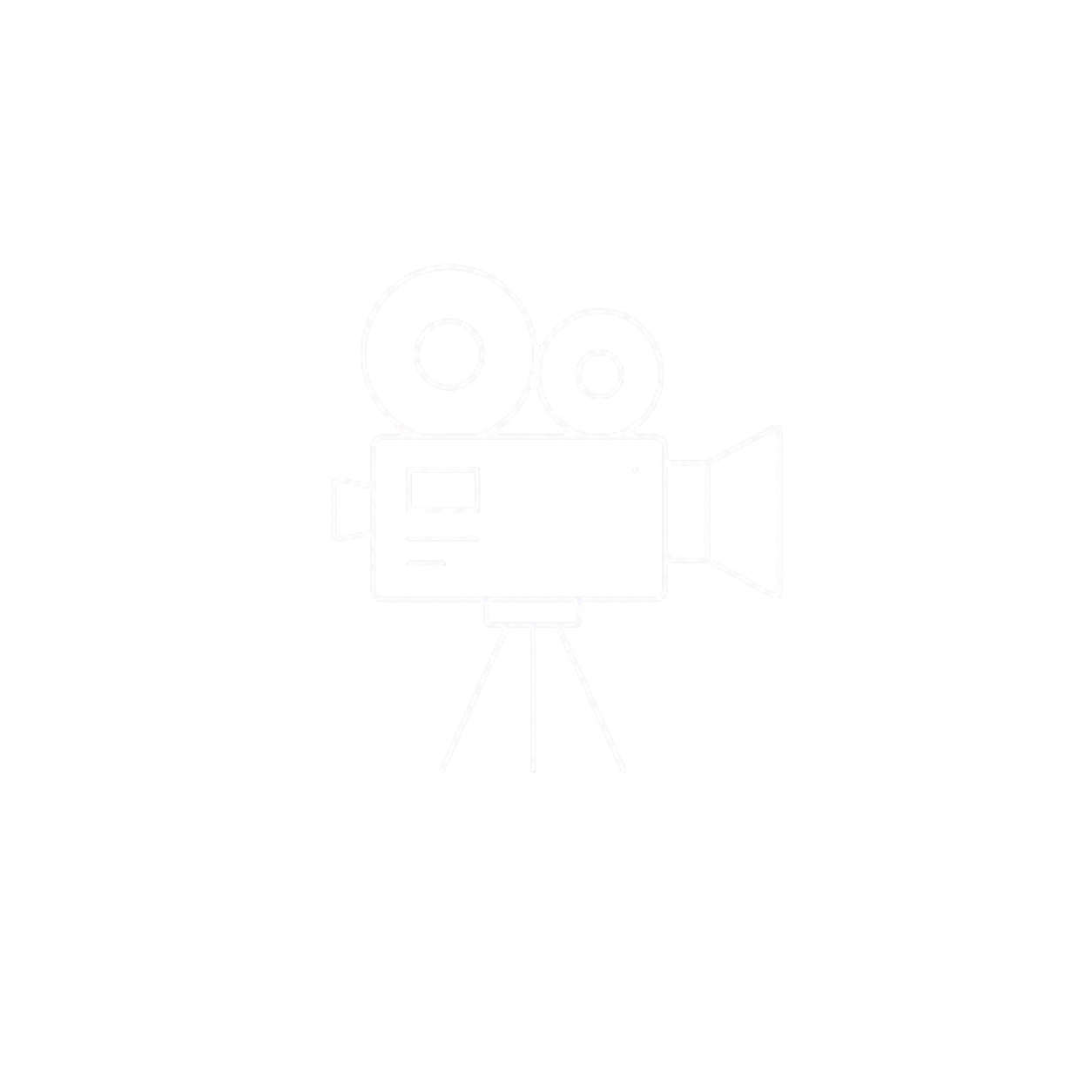 White outline of a vintage movie camera on a black background.