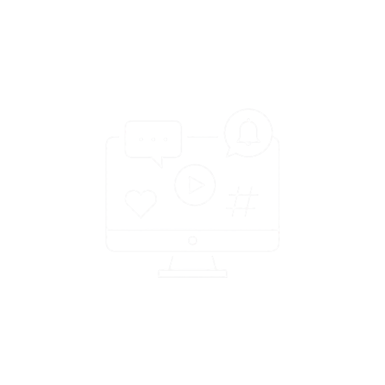 Outline drawing of a computer monitor displaying social media icons like a speech bubble, a bell, a heart, a hashtag, and a play button.
