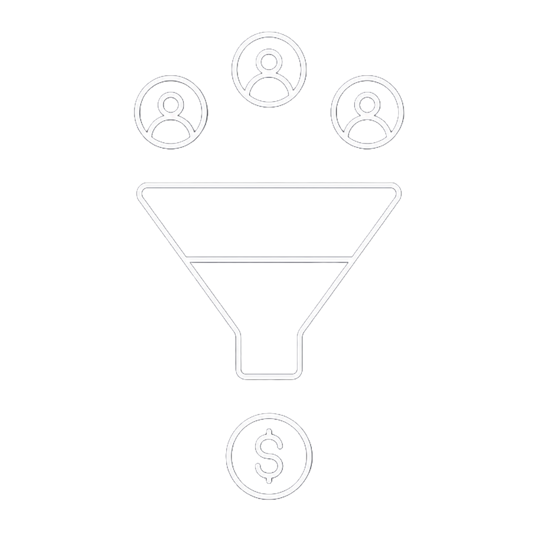 A neon digital illustration of a business funnel with three user icons at the top and a dollar sign at the bottom, symbolizing a sales or marketing process.