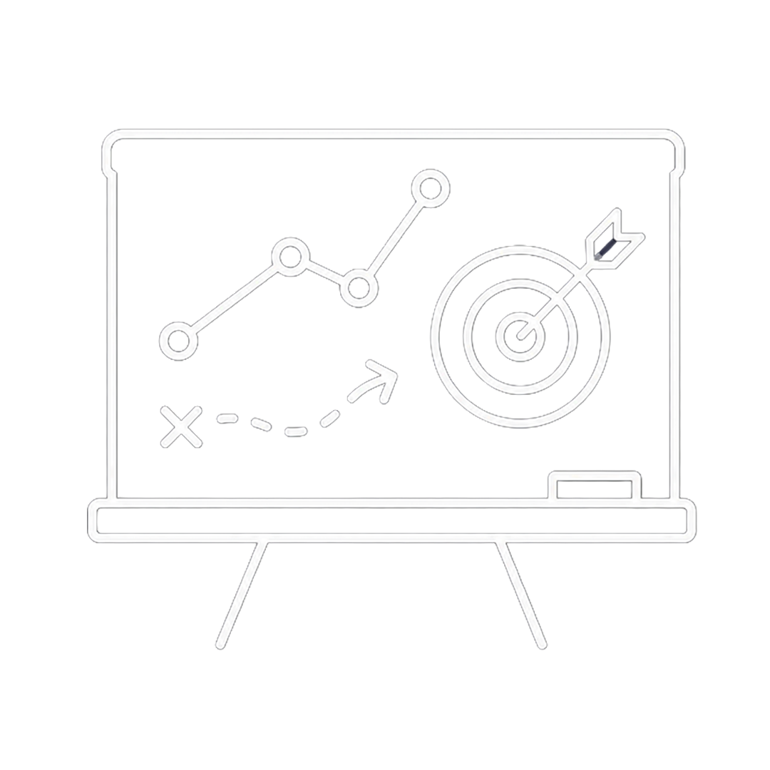 Neon outline of a presentation board displaying various charts and graphs, including a line graph, bar graph, and target with an arrow.