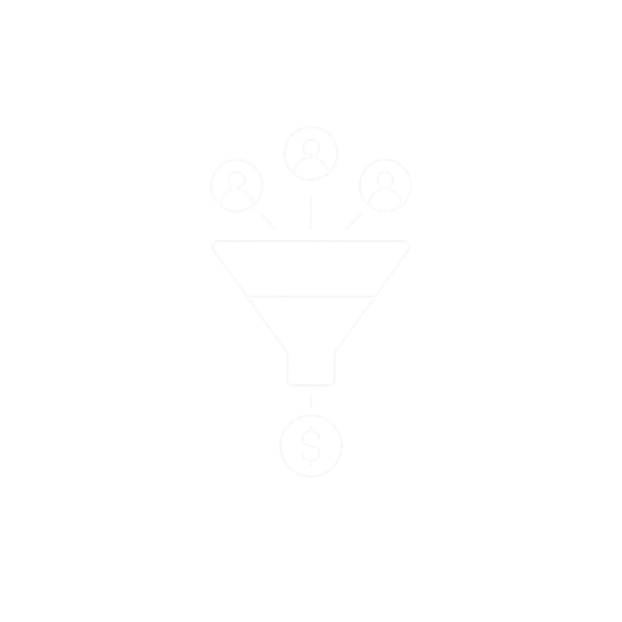 A white line drawing of a sales funnel with human icons at the top, a dollar sign at the bottom, and lines connecting the icons to the funnel.