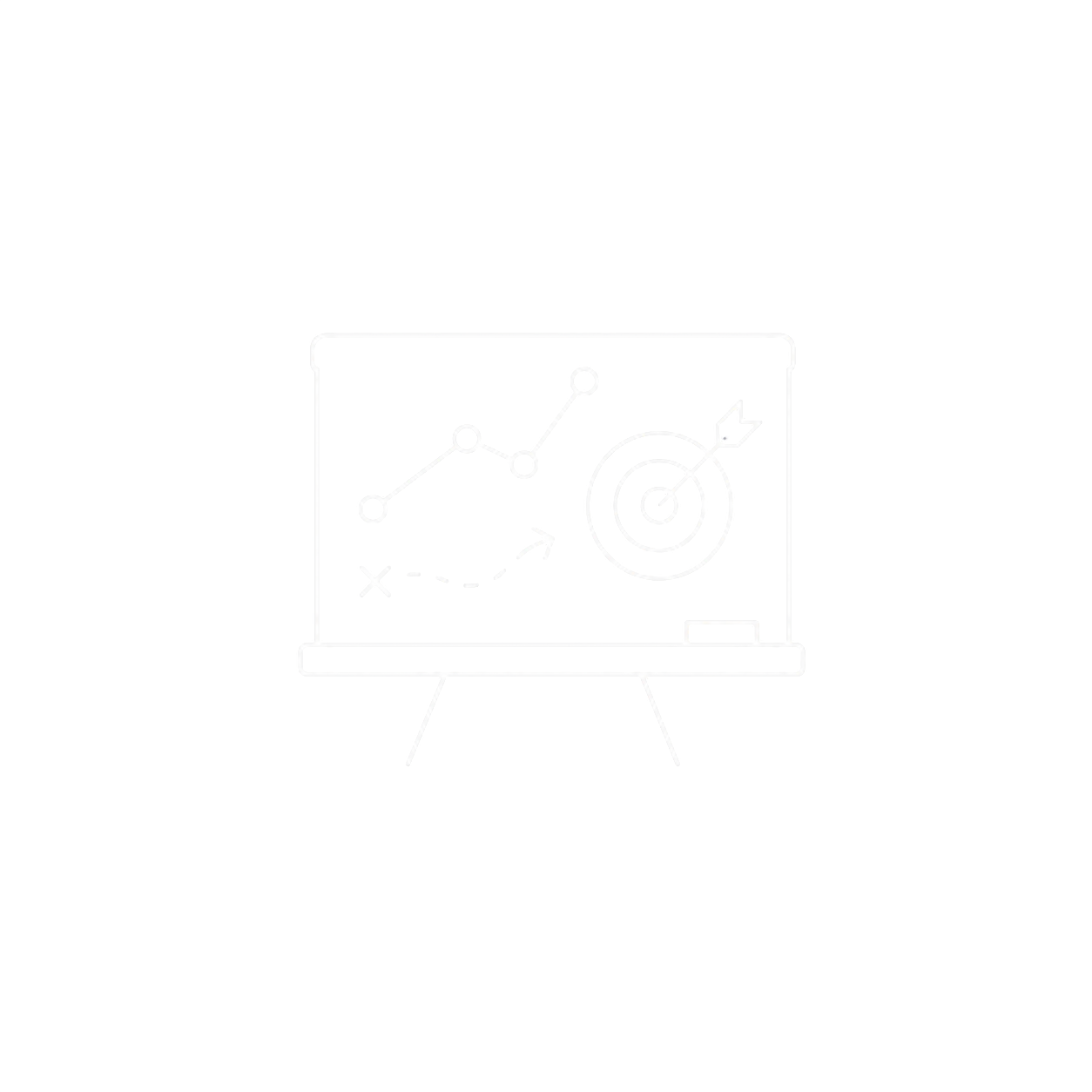 White line drawing of a chalkboard with a line graph, dotted line, and a target with an arrow hitting the bullseye.