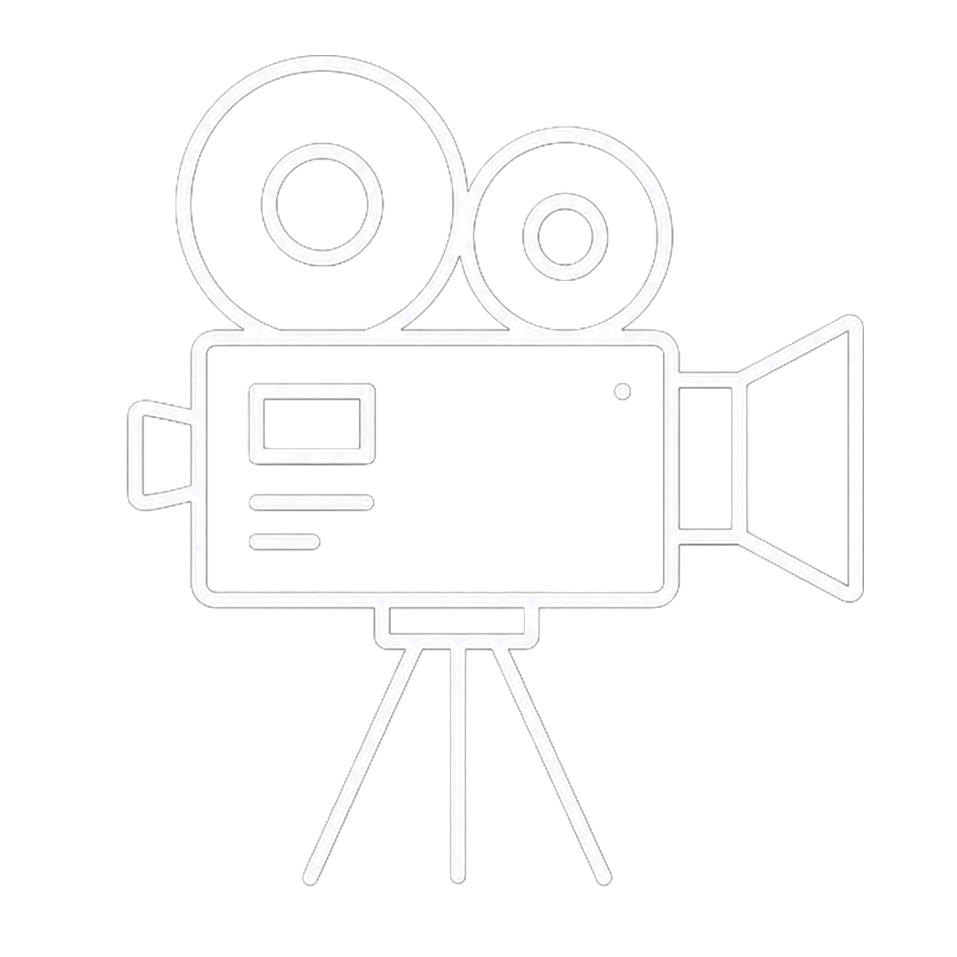 Outline of a vintage film camera with two reels on top, a lens on the right, and a tripod stand, against a black background.
