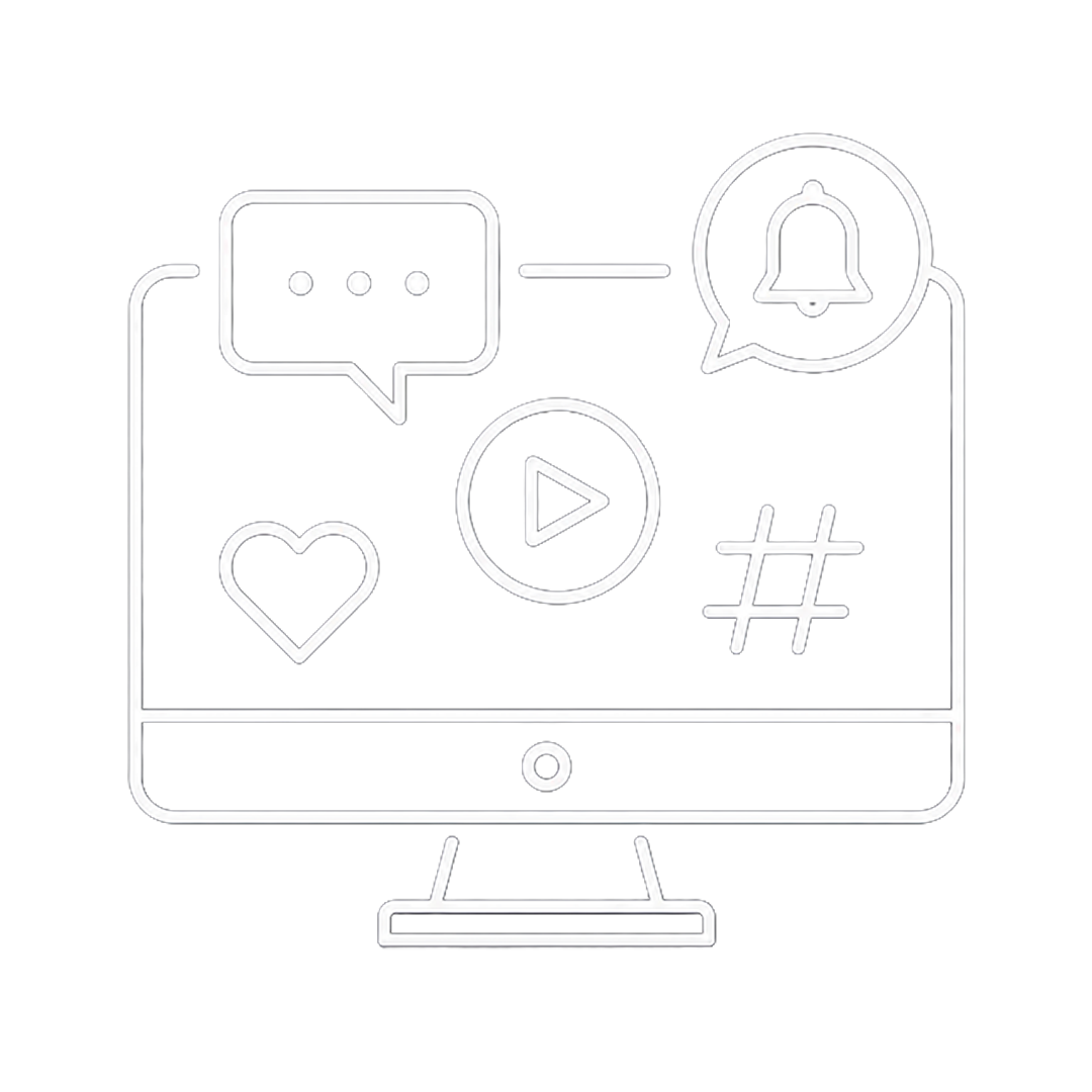 Neon digital illustration of a computer monitor with social media icons, including a heart, a speech bubble with dots, a bell, a play button, and a hashtag.