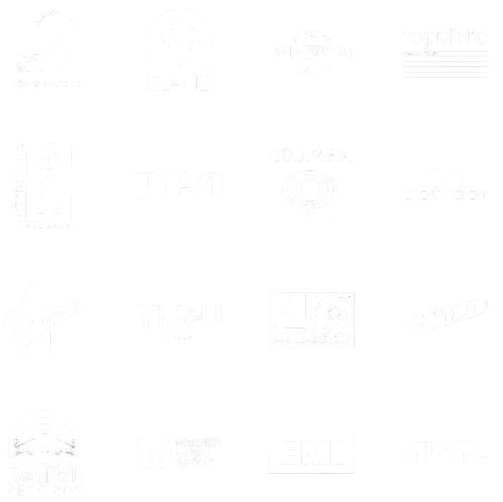 Collage of various music and entertainment company logos, including BET, Island, Universal, Republic Records, Interscope Records, RCA, Columbia, Polydor, Virgin, YMU Group, ZAZ Records, The Voice, Red Bull Records, Warner Music Group, EMI, and AWAL.
