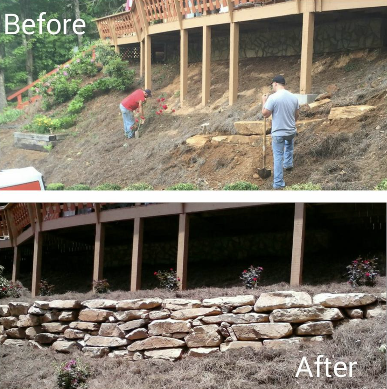 Before and after retaining wall transformation completed in Clayton, Georgia.