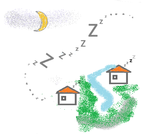 Night scene featuring a crescent moon, stars, two houses, a river, and a large path of floating Z's indicating sleep.