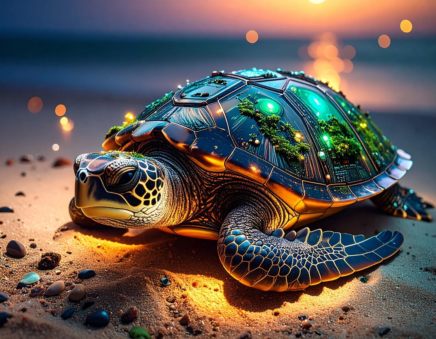 A sea turtle with a moss-covered technology shell on a beach