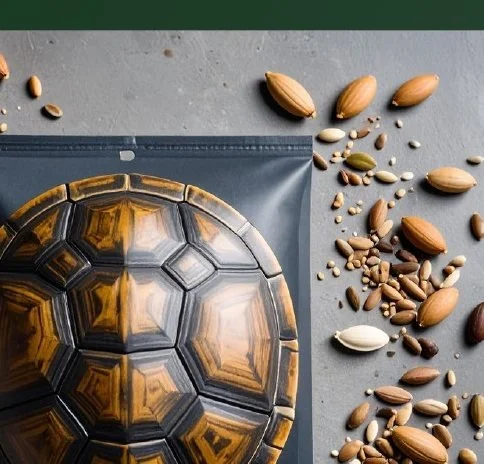 SuperSeeds packaging with a turtle-shell pattern, surrounded by seeds