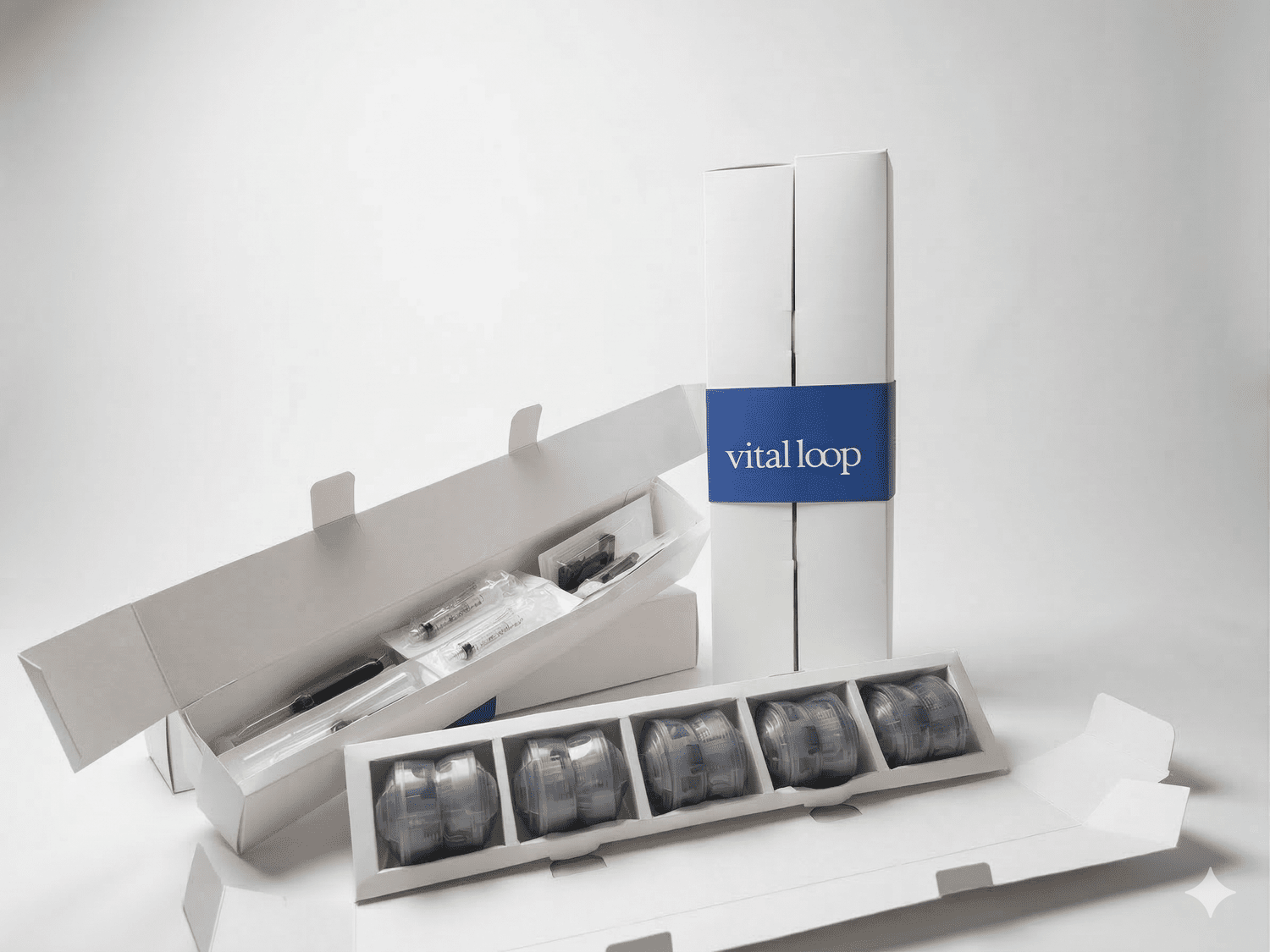 Vital Loop packaging opened to show organized infusion sets and supplies