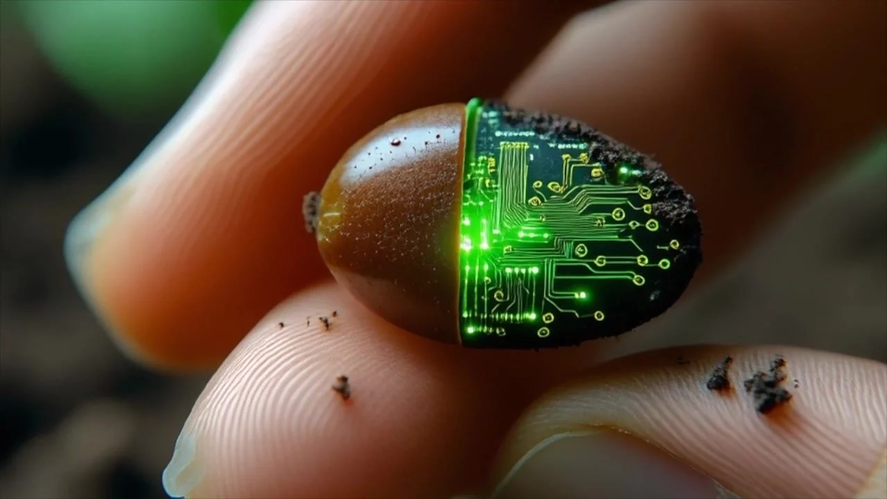 A seed with a glowing circuit pattern held between two fingertips