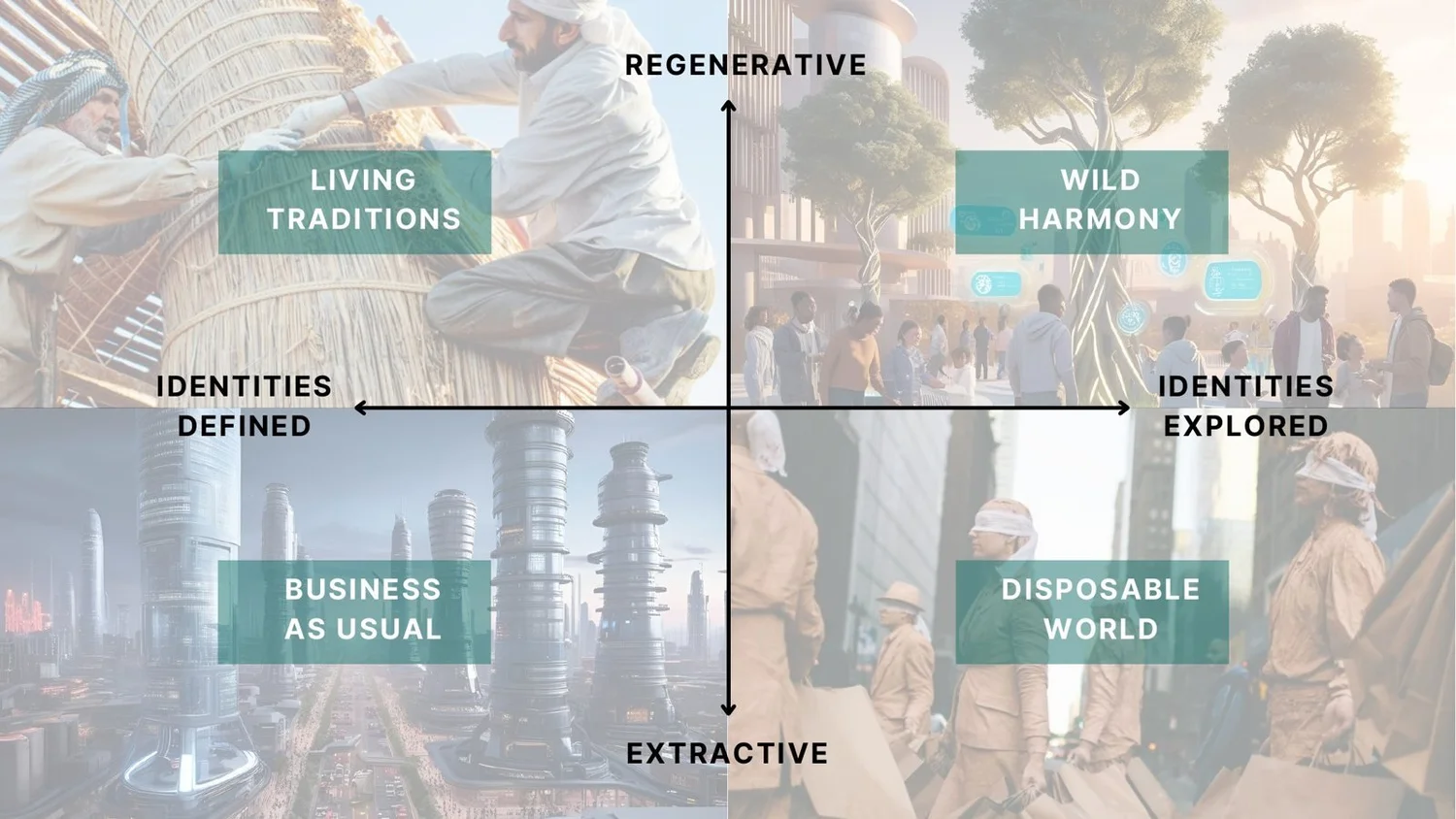 Two-by-two scenario matrix: regenerative to extractive, identities defined to explored