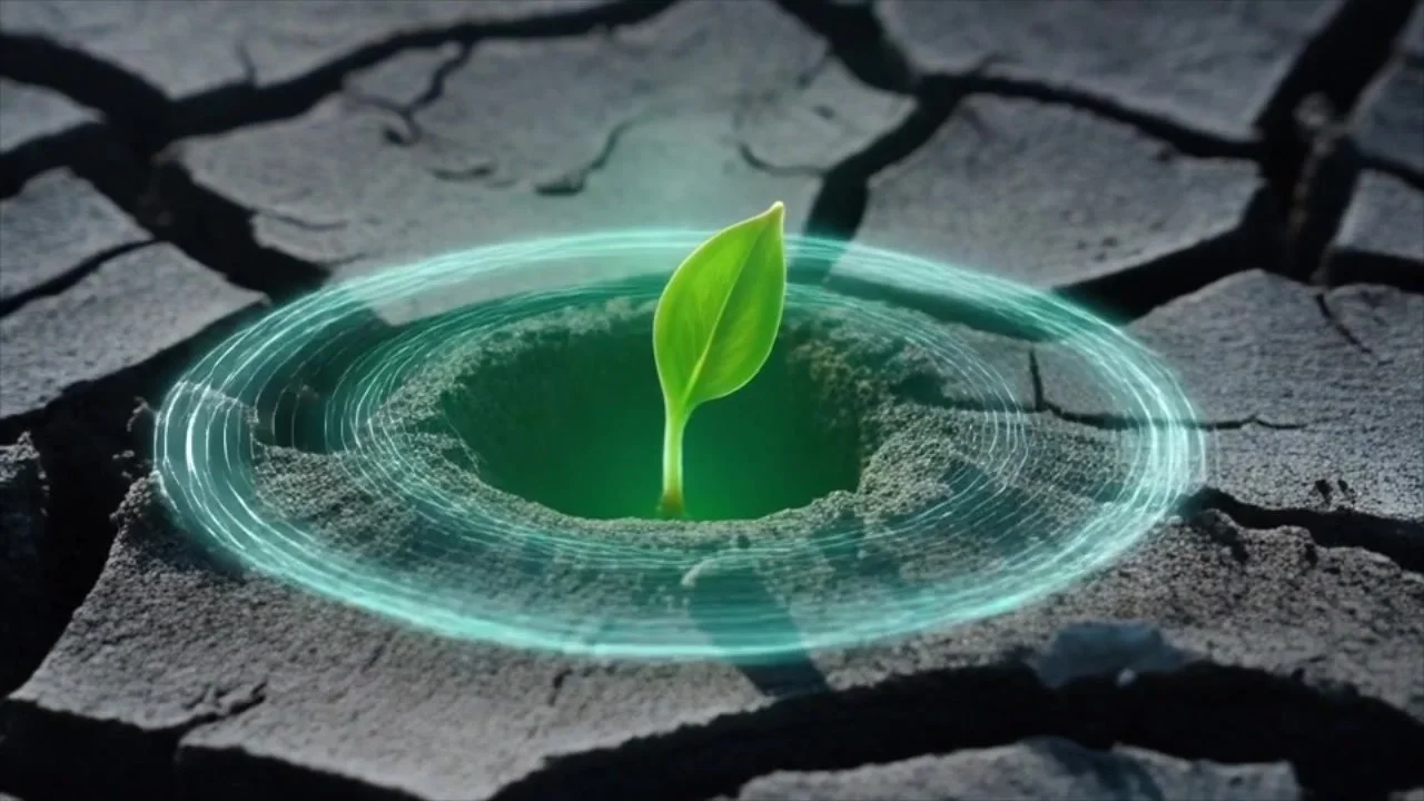 A green sprout rising from cracked, dry earth inside a glowing ring