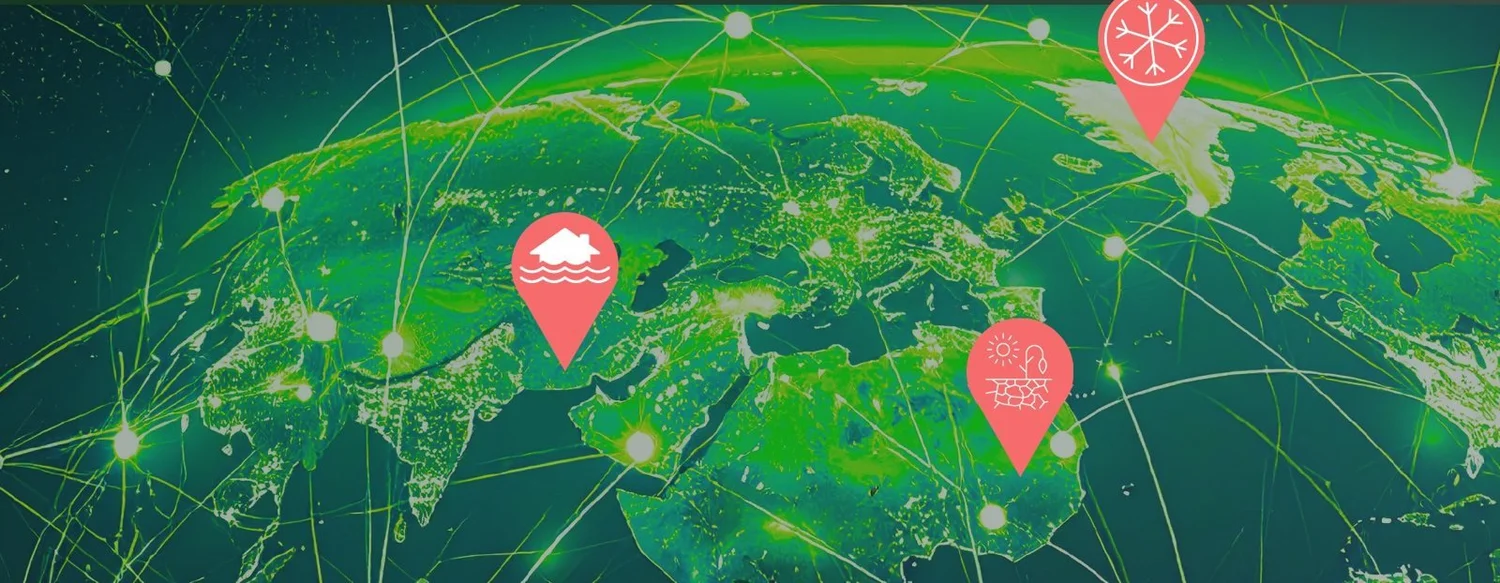 Glowing green world map with markers for regions in need of repair