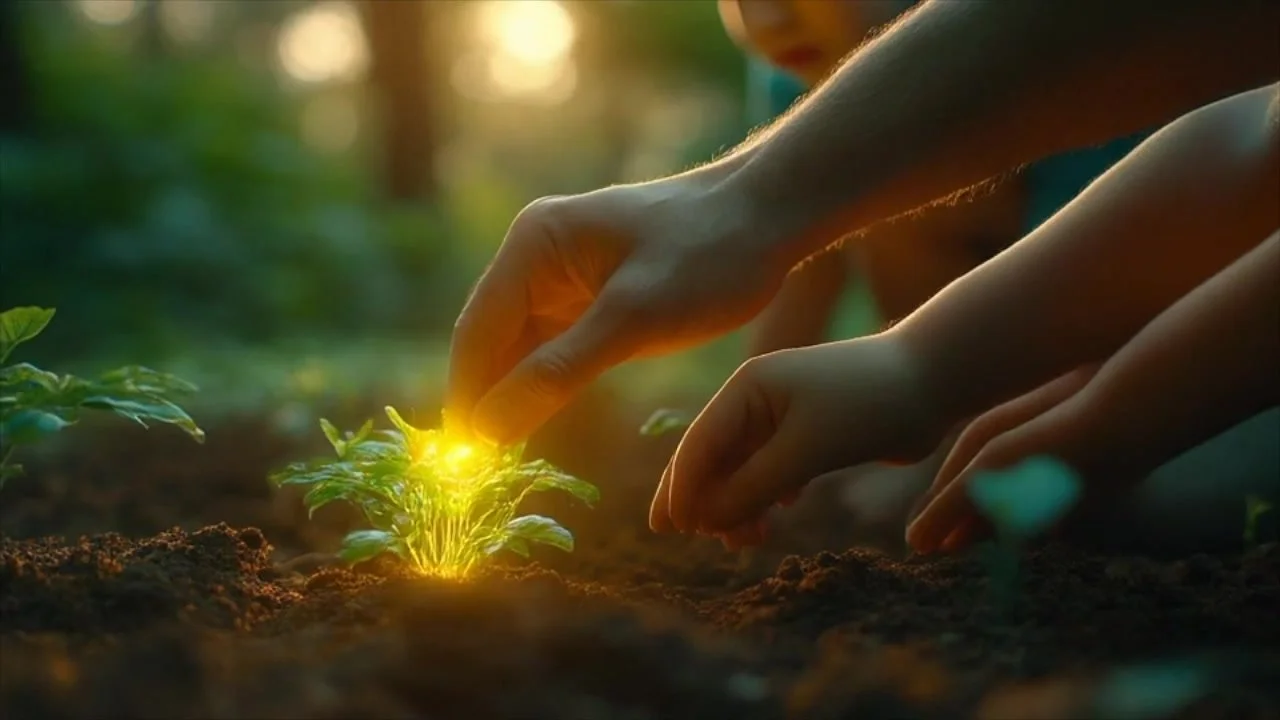 Hands planting a glowing seedling in dark soil
