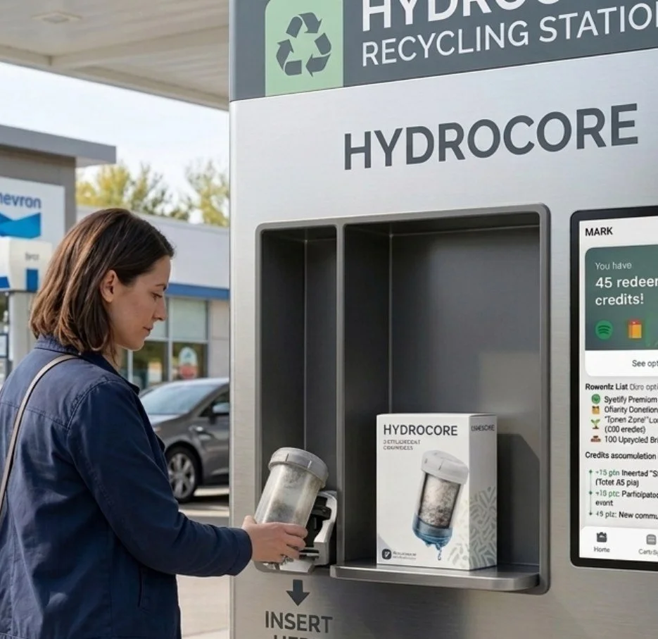 A woman returning a cartridge at a Hydrocore recycling station