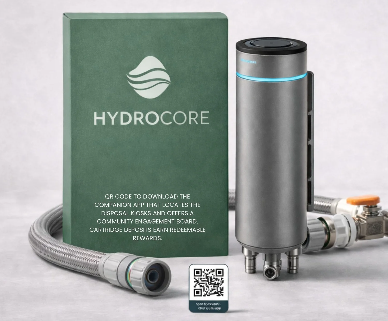 Hydrocore filter unit beside its green packaging, cartridges and hose