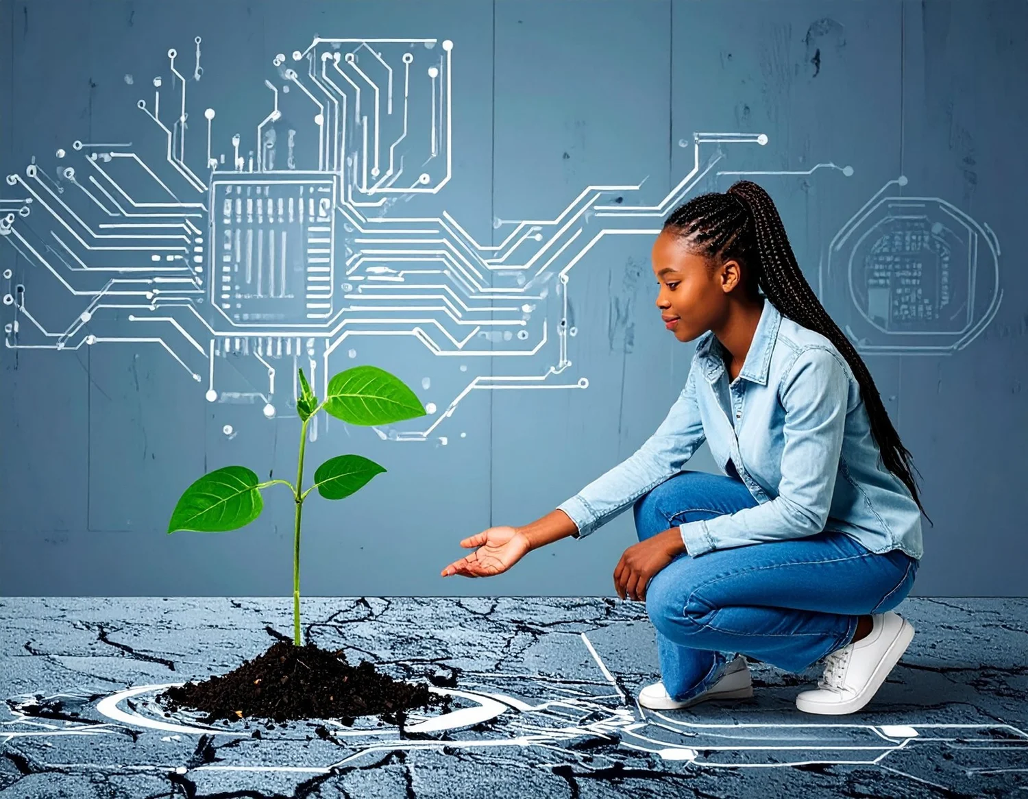 A girl tending a seedling growing through cracked ground beside circuit-board lines