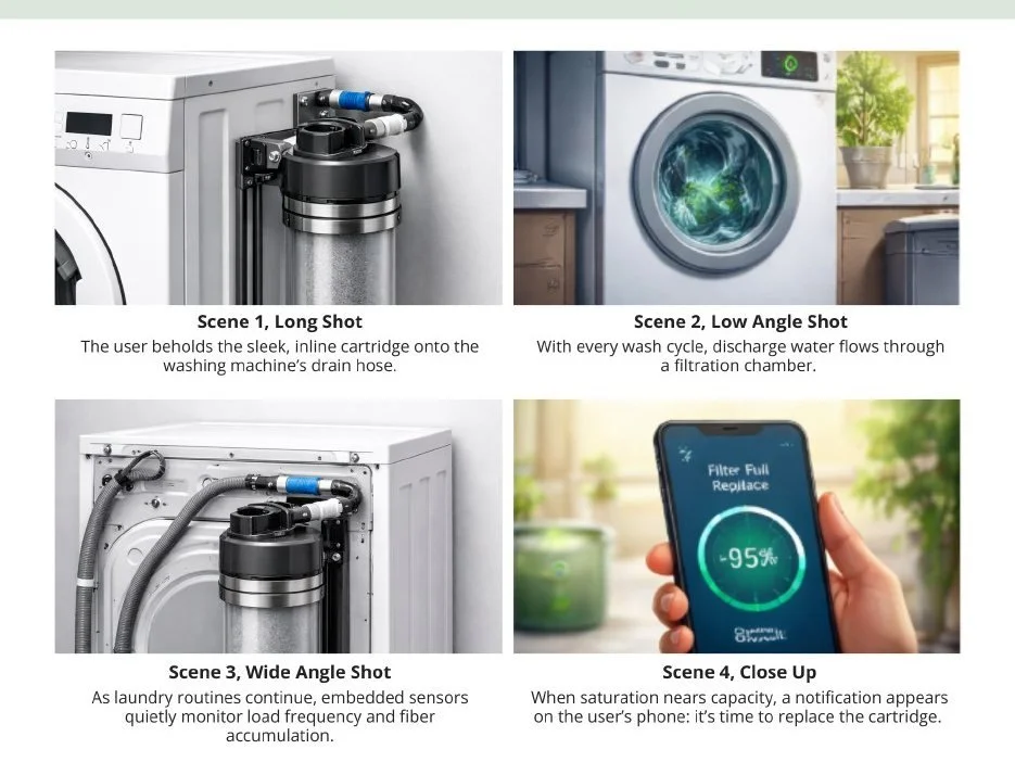 Storyboard: Hydrocore on a washer, a wash cycle running, sensors monitoring, and a phone alert that the cartridge is 95% full